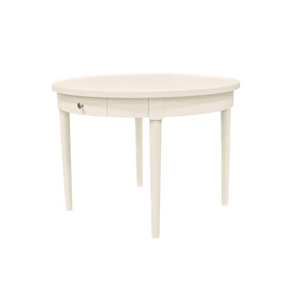 Avery round dining table by Start2Finish with a coconut milk finish, showcasing smooth wood surface and modern design.
