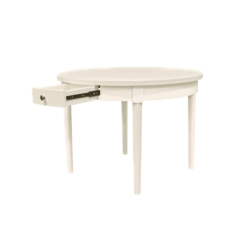 Avery Round Dining Table by Start2Finish with coconut milk finish, featuring a smooth circular tabletop and sturdy wooden legs.