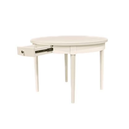 Avery Round Dining Table by Start2Finish with coconut milk finish, featuring a smooth circular tabletop and sturdy wooden legs.