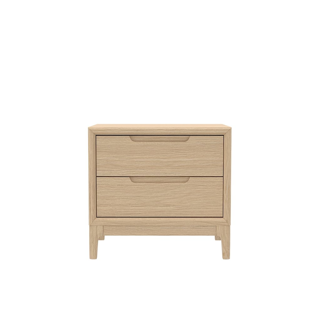 Light oak June Nightstand from Start2Finish furniture with a sleek design and drawer storage, shown in a modern bedroom setting.