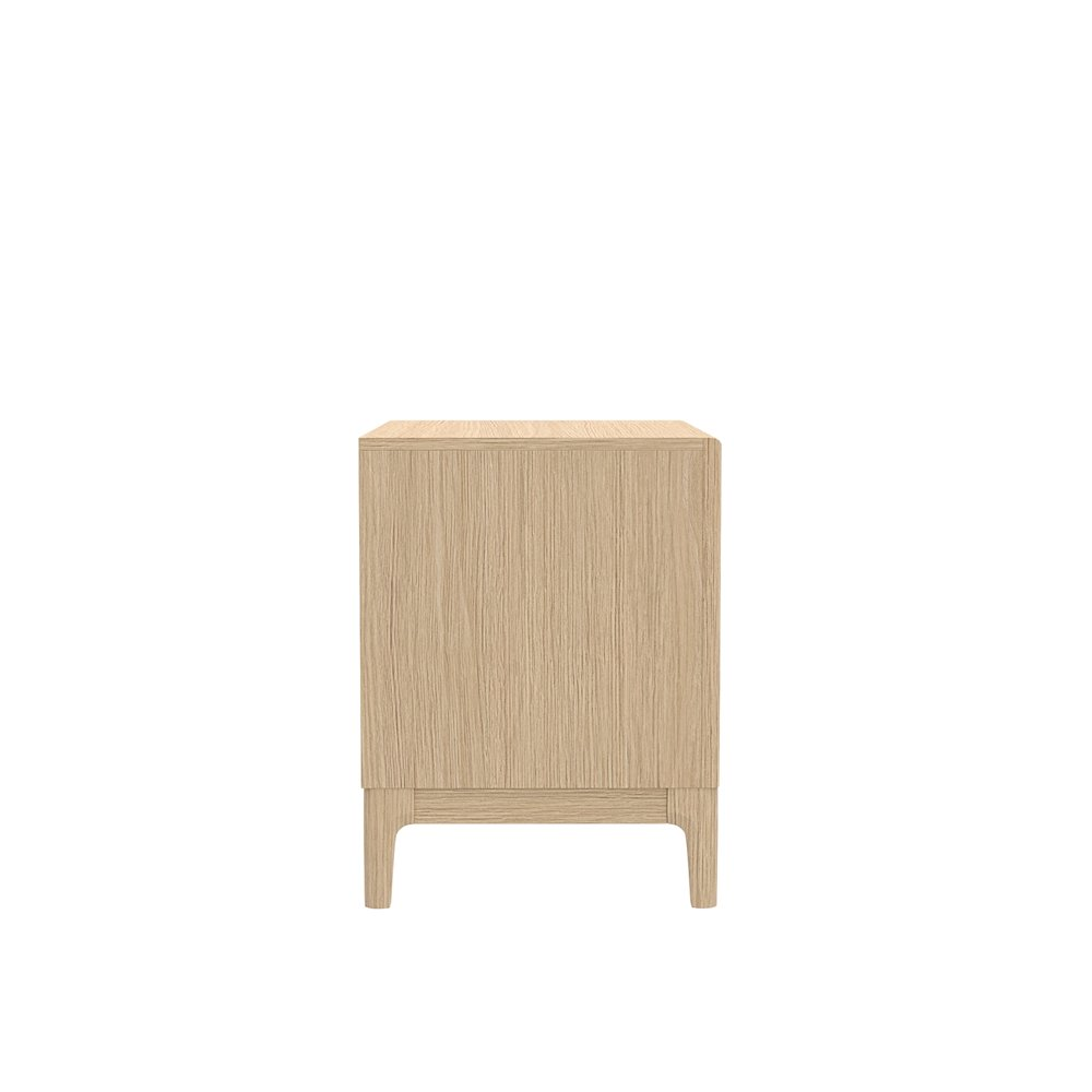 Light oak June Nightstand by Start2Finish, featuring a modern furniture design with a single drawer and open shelf space.