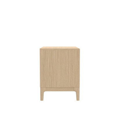 Light oak June Nightstand by Start2Finish, featuring a modern furniture design with a single drawer and open shelf space.