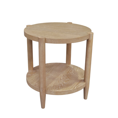 Start2Finish Sinclair round end table in natural wood finish, showcasing a sleek, modern furniture piece with a smooth circular top.