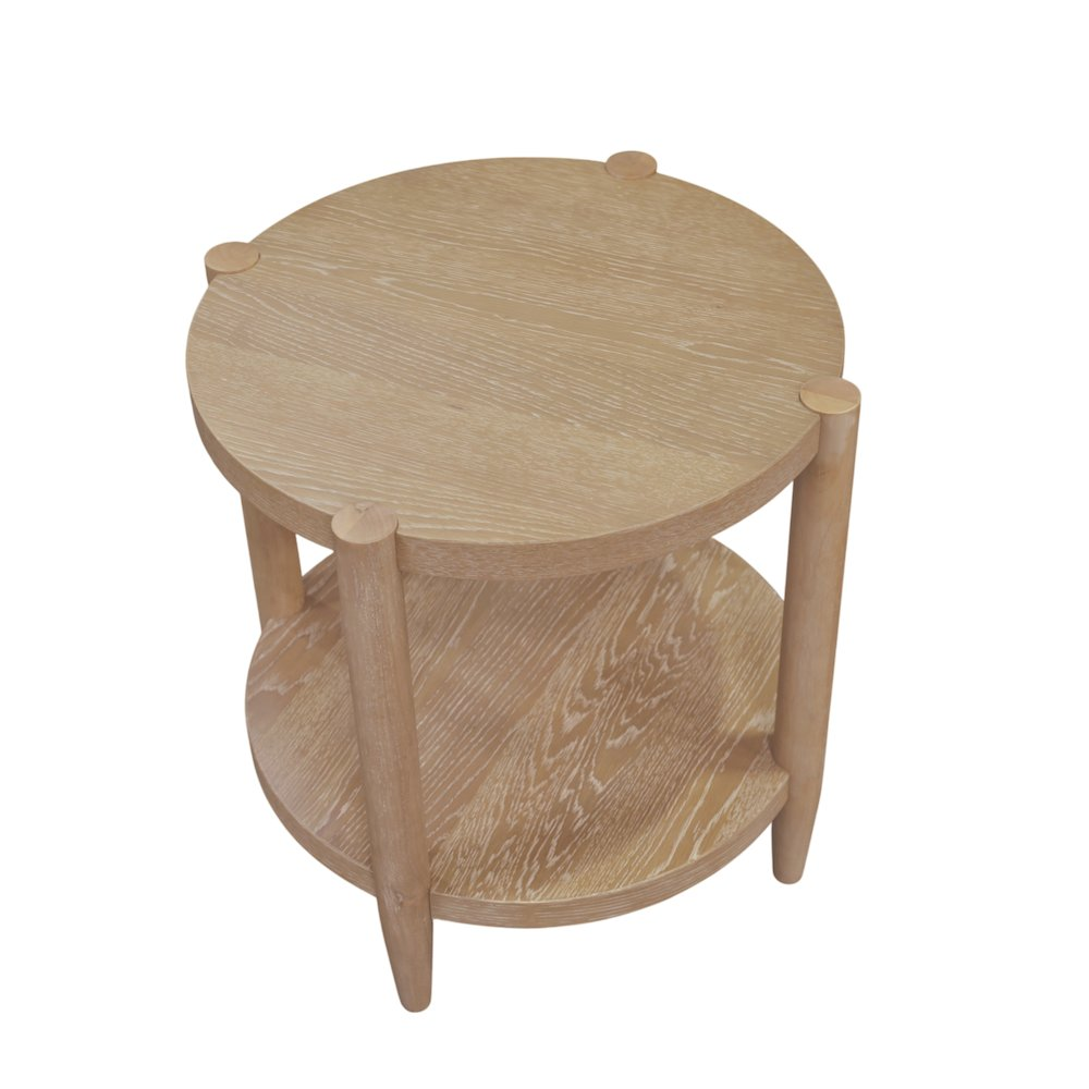Start2Finish Sinclair round end table in natural wood finish with smooth tabletop and sturdy legs, ideal for living room or bedroom decor.