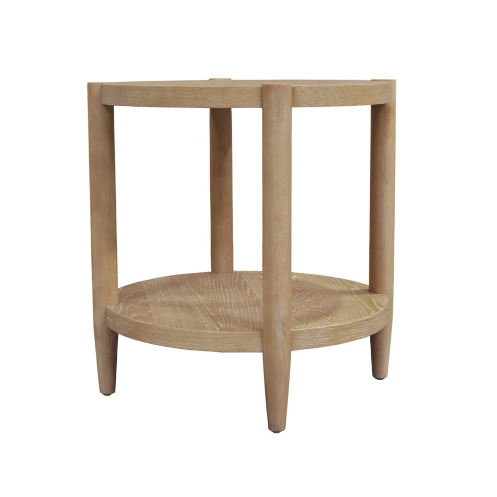 Natural Sinclair round end table by Start2Finish with a smooth wooden surface and sleek rounded edges, ideal for living room decor.
