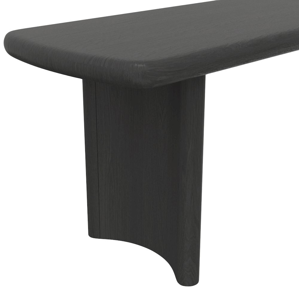 Black Gabrielle Bench by Start2Finish, showcasing a sleek upholstered furniture piece with wooden legs and modern design.