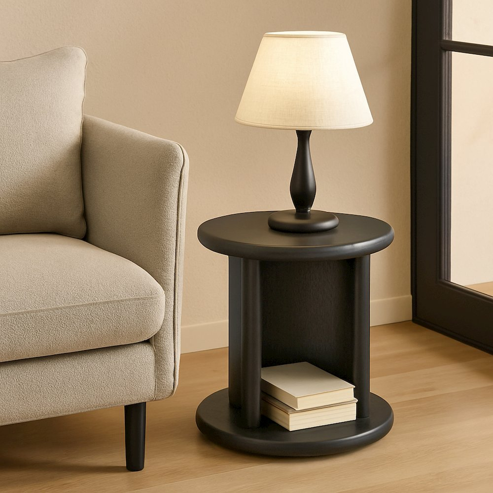 Black Gabrielle End Table by Start2Finish, modern furniture piece with a sleek, minimalist design and sturdy construction.