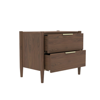 Walnut Sinclair nightstand by Start2Finish showing a sleek wooden design with a single drawer and open shelf.