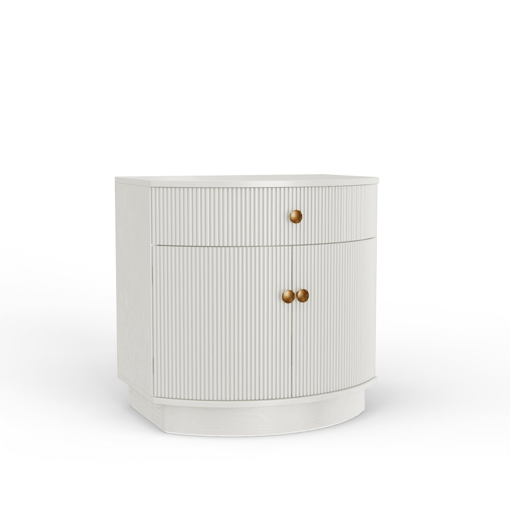 Olivia Nightstand by Start2Finish in coconut milk finish, featuring a modern wooden furniture design with a drawer and open shelf.