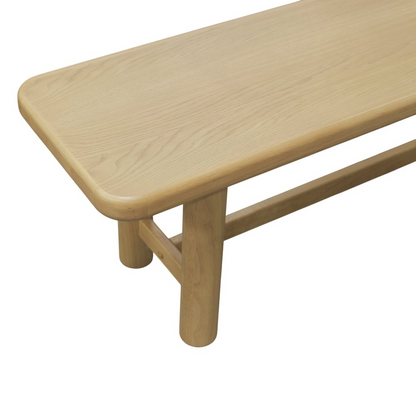 Light oak Hudson dining bench by Start2Finish, showcasing a sturdy wooden furniture piece with a smooth finish and clean design.