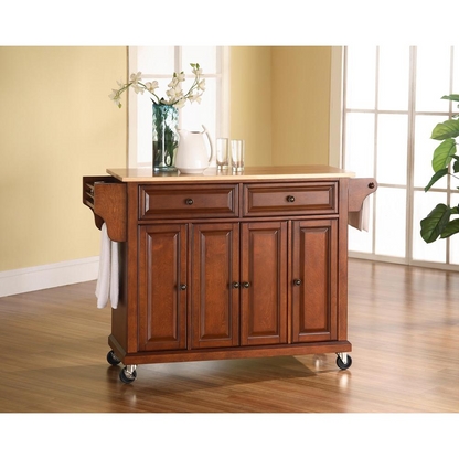 Full size wood top kitchen cart by Start2Finish, featuring a sturdy wooden surface and storage shelves for kitchen organization.