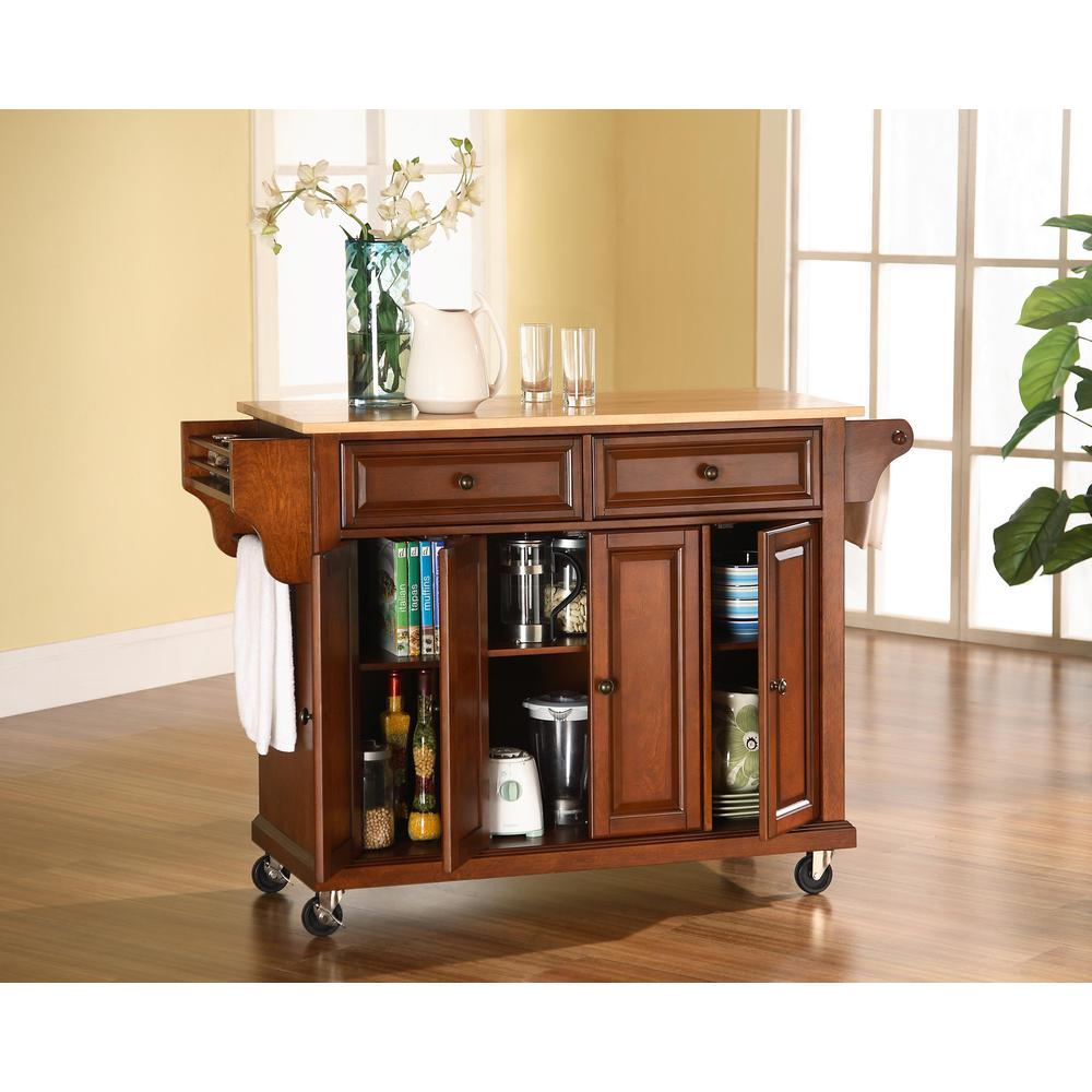 Full size wood top kitchen cart from Start2Finish with storage shelves and wheels, ideal for kitchen organization and mobility.