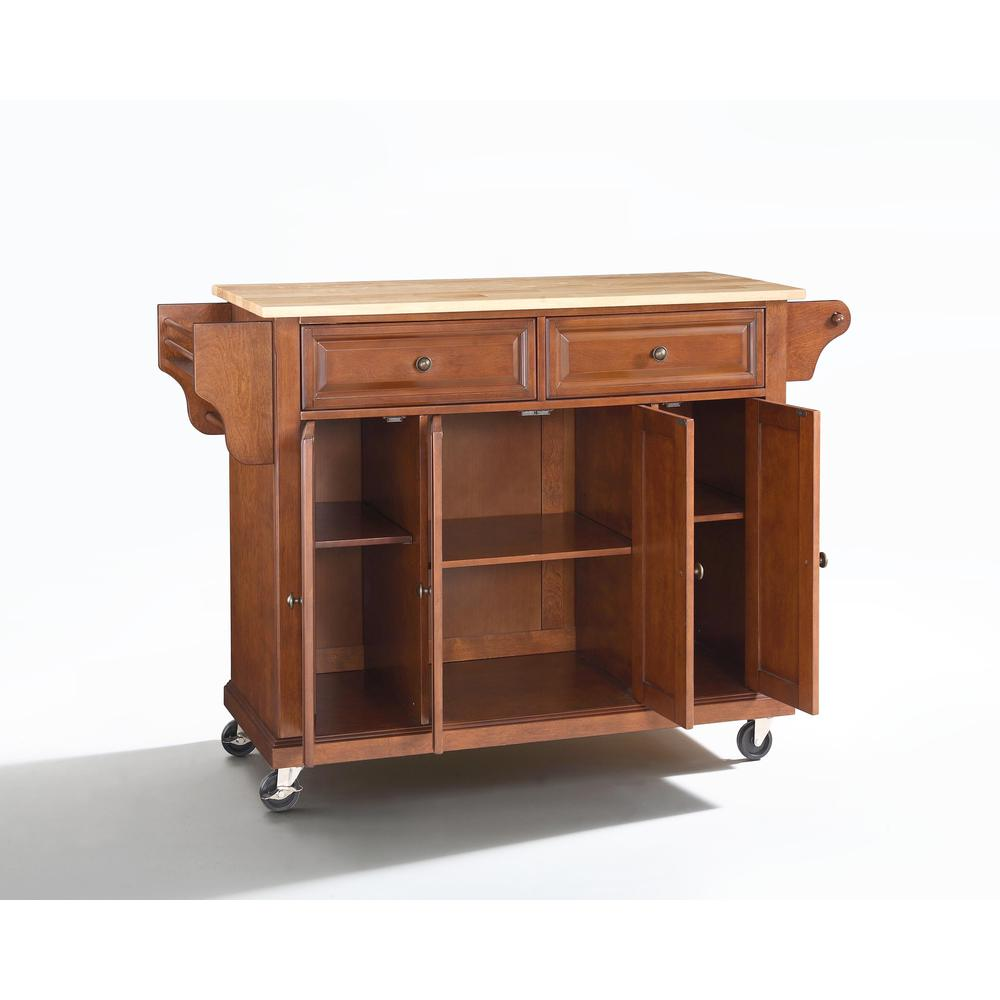 Full size wood top kitchen cart by Start2Finish with storage shelves and wheels for easy mobility in a kitchen or dining area.