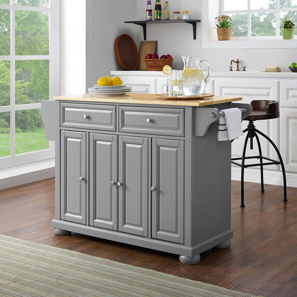 Start2Finish Alexandria wood top kitchen island with storage and wheels, featuring a sturdy wooden surface and modern design.