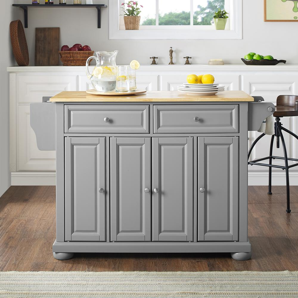 Start2Finish Alexandria wood top kitchen island with storage shelves and wheels, ideal for modern kitchen organization.