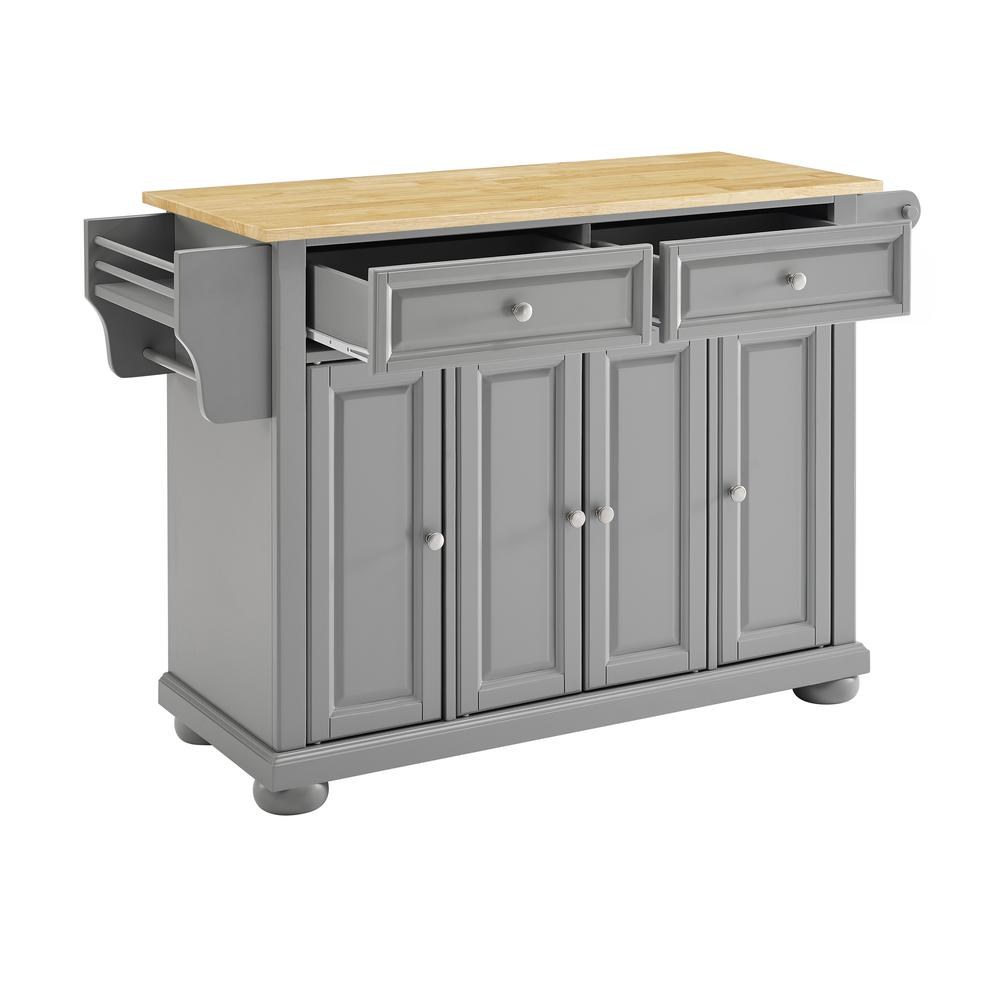 Start2Finish Alexandria wood top kitchen island with storage and wheels, featuring a spacious work surface and sturdy design.
