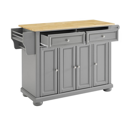 Start2Finish Alexandria wood top kitchen island with storage and wheels, featuring a spacious work surface and sturdy design.