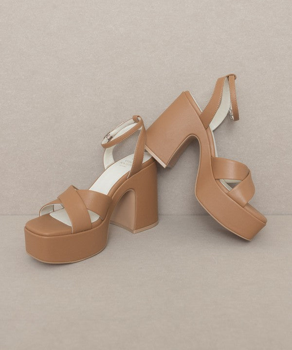 Jade Icarus Oasis Society Norah chunky platform heel in black leather with thick heel and ankle strap on a model&