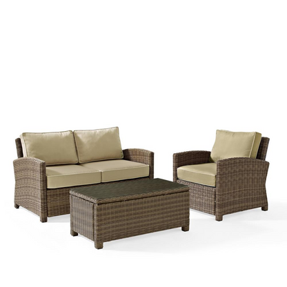 Start2Finish Bradenton 3-piece outdoor loveseat furniture set with loveseat, armchair, and coffee table on a patio.