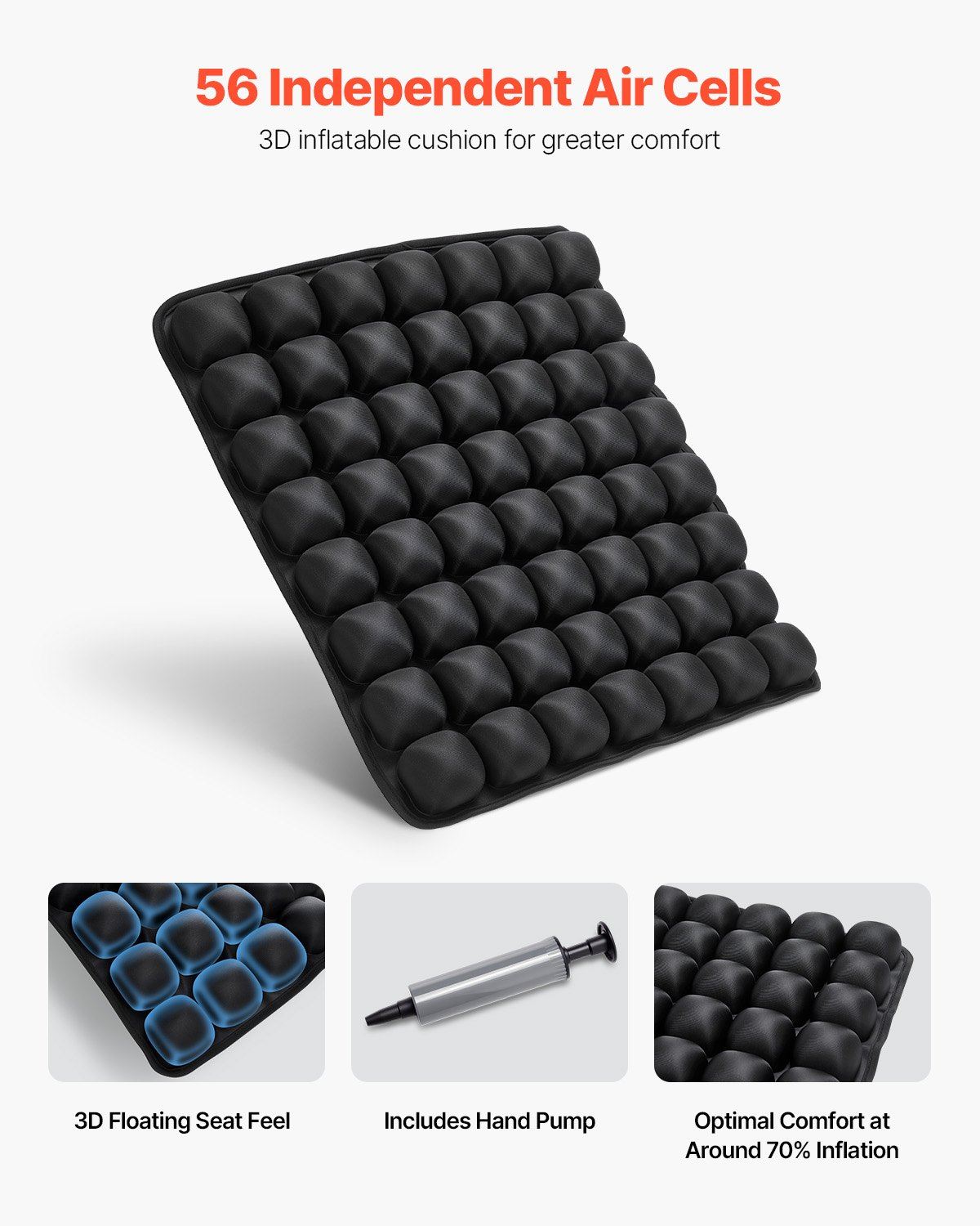 Start2Finish VEVOR inflatable 3D air cell seat cushion with Lycra and TPU cover, portable pressure relief for wheelchair, travel, and office.