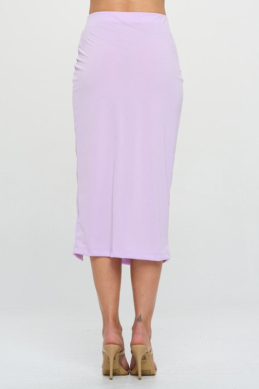 Made in USA Jade Icarus midi skirt with front knot detail and side slit, stylish and comfortable for casual or dressy occasions.