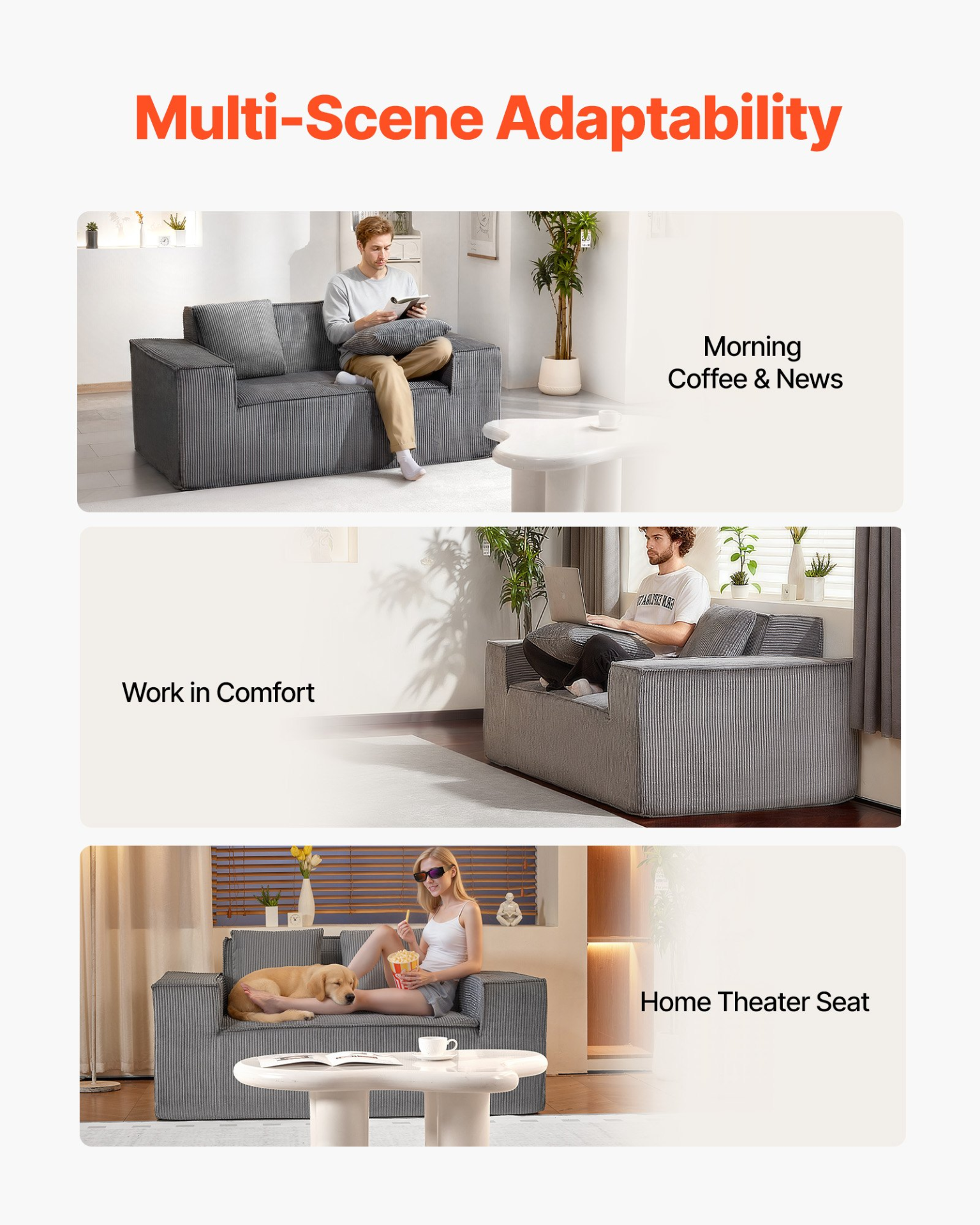 Gray VEVOR loveseat sofa with soft cushions, 63-inch two-seater couch featuring corduroy fabric and pocket springs for living room or office.