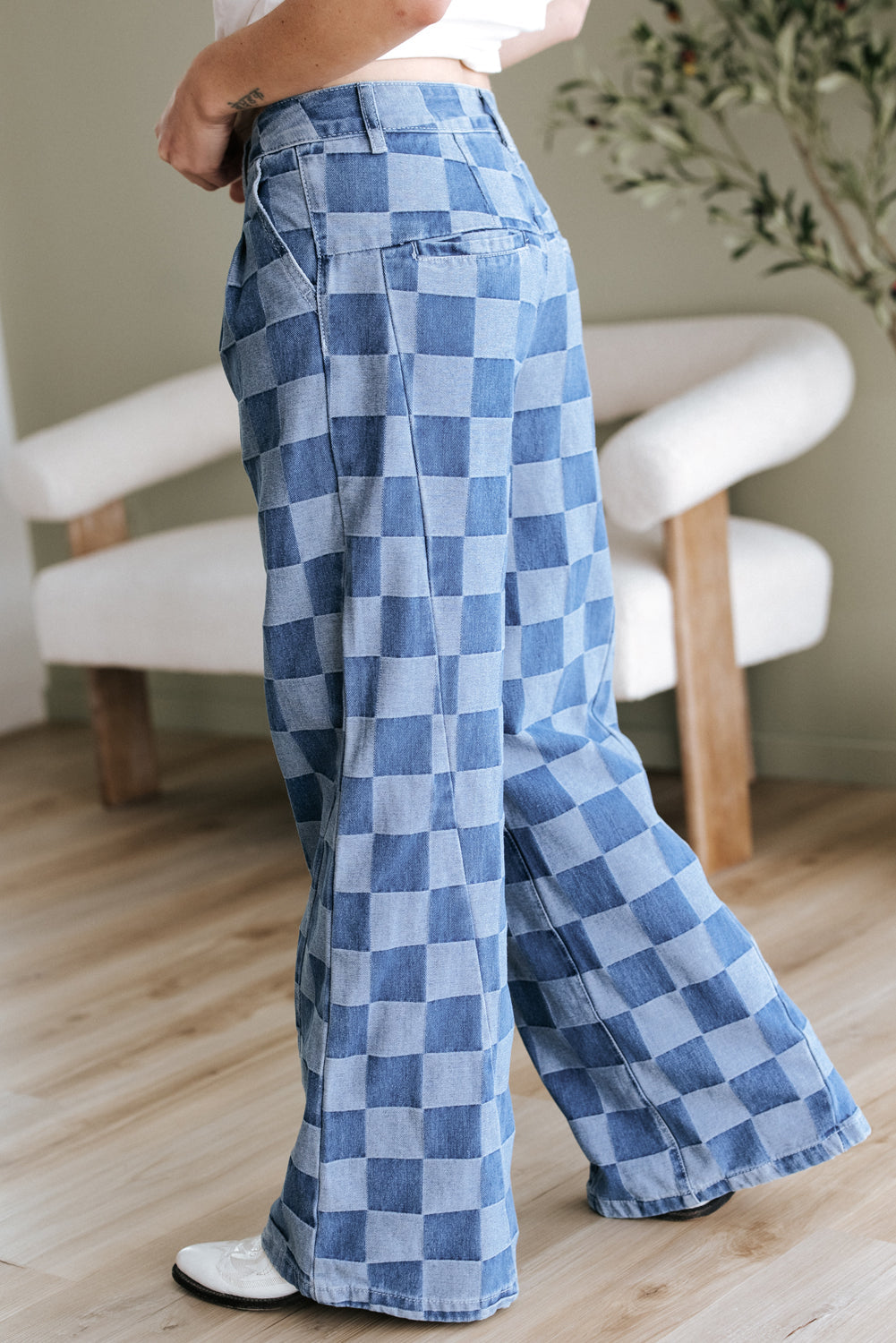 Dusk blue checkered denim wide-leg jeans for women by Ruby Styx, featuring a relaxed fit and stylish checkered pattern.