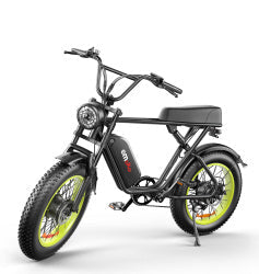 Carmine Juneberry C91™ Dual Drive Power Bike 20, black and silver electric biking bicycle with sleek design and handlebars.