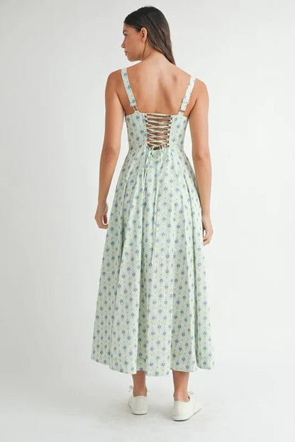 Pear Daisy floral print bustier midi dress with back lace-up detail, perfect for stylish home and garden occasions.