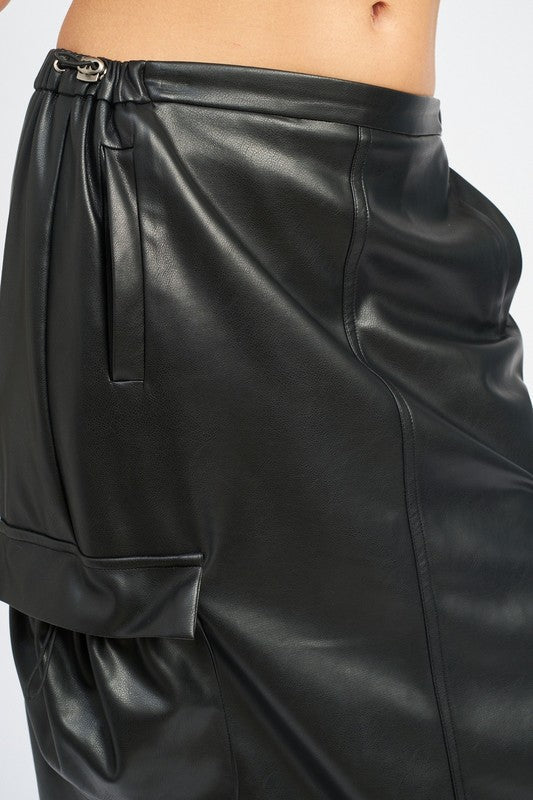Leather cargo maxi skirt for women by Jade Icarus, featuring a long, stylish design with multiple cargo pockets and a sleek leather finish.