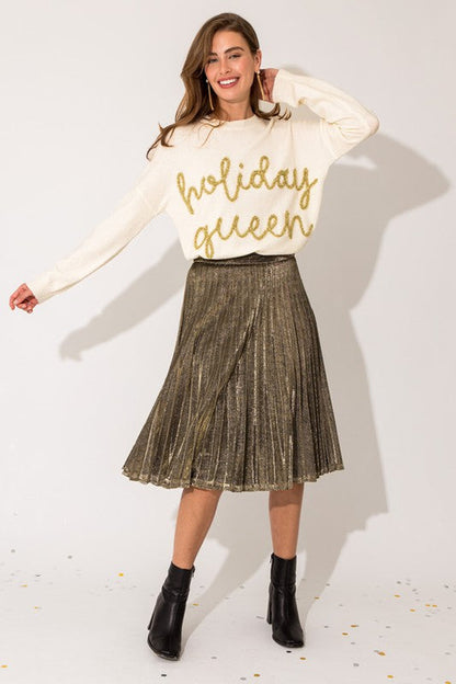 Jade Icarus Lurex fabric pleated midi skirt for women with metallic shimmer and flowing pleats, stylish and elegant.