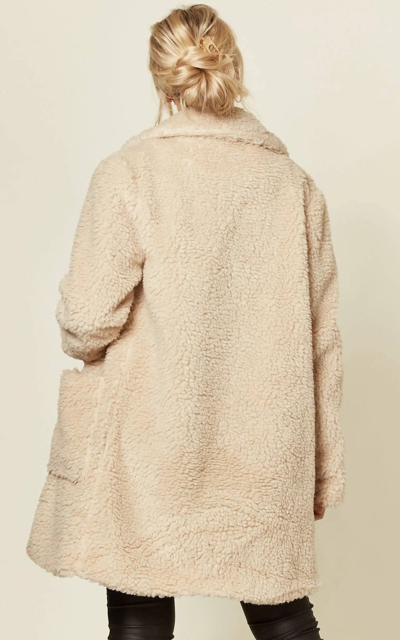 Beige Rose Eleusis Stud Button Borg Teddy Coat, cozy jacket with button details and plush borg fabric, stylish winter outerwear.