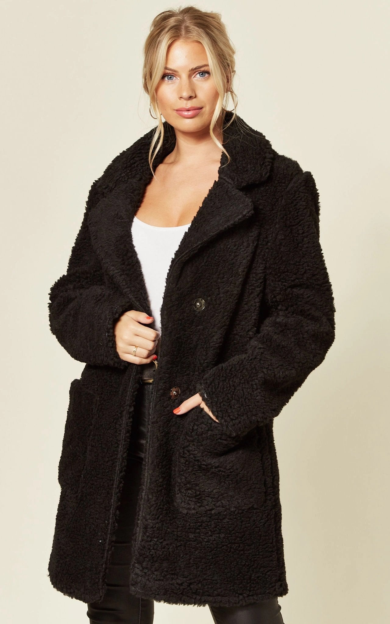 Black Rose Eleusis Borg Teddy Coat with stud button details, cozy jacket featuring soft plush fabric and stylish design.