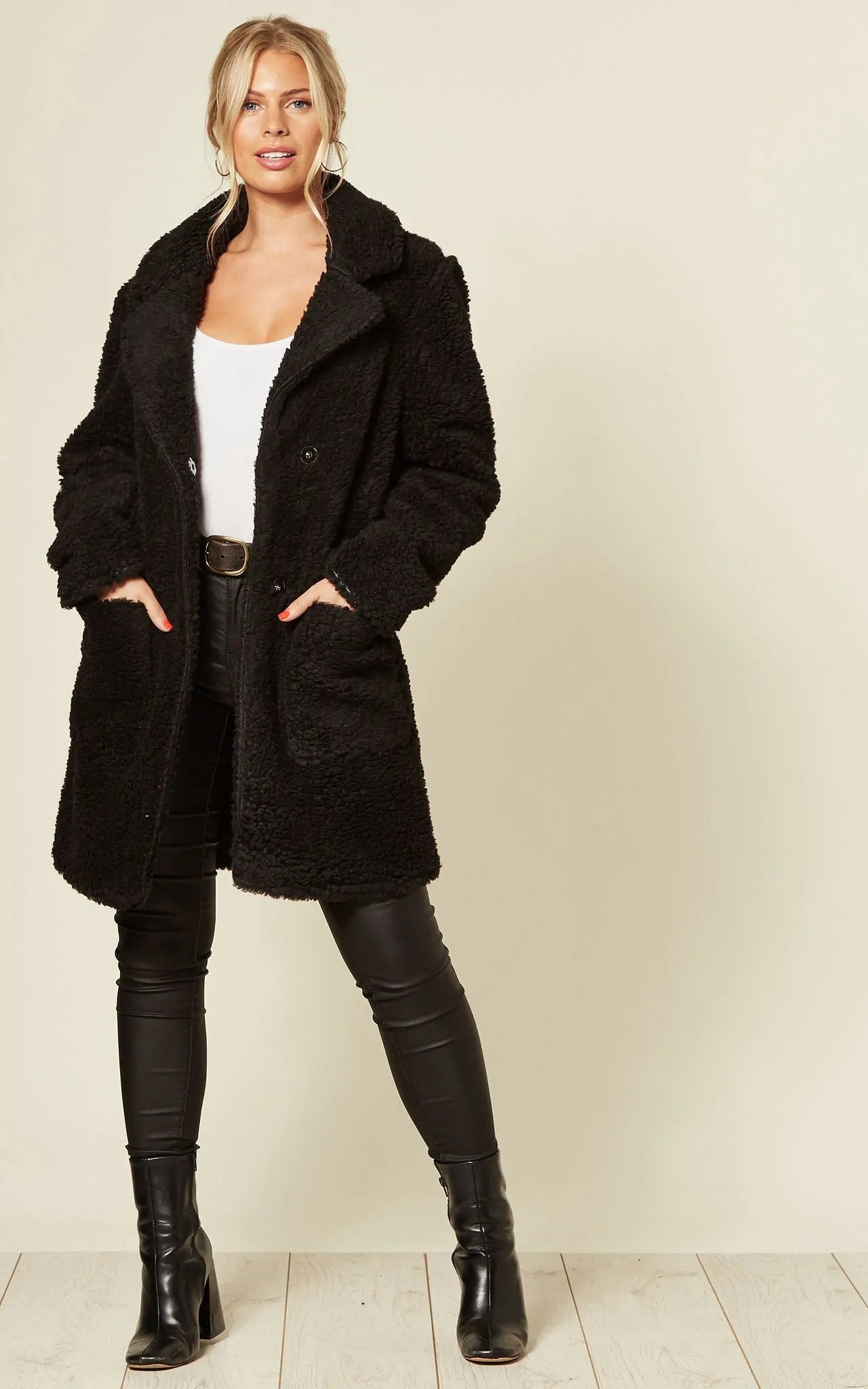 Black Rose Eleusis Stud Button Borg Teddy Coat, cozy jacket with button detail and plush borg fabric, styled for warmth and comfort.