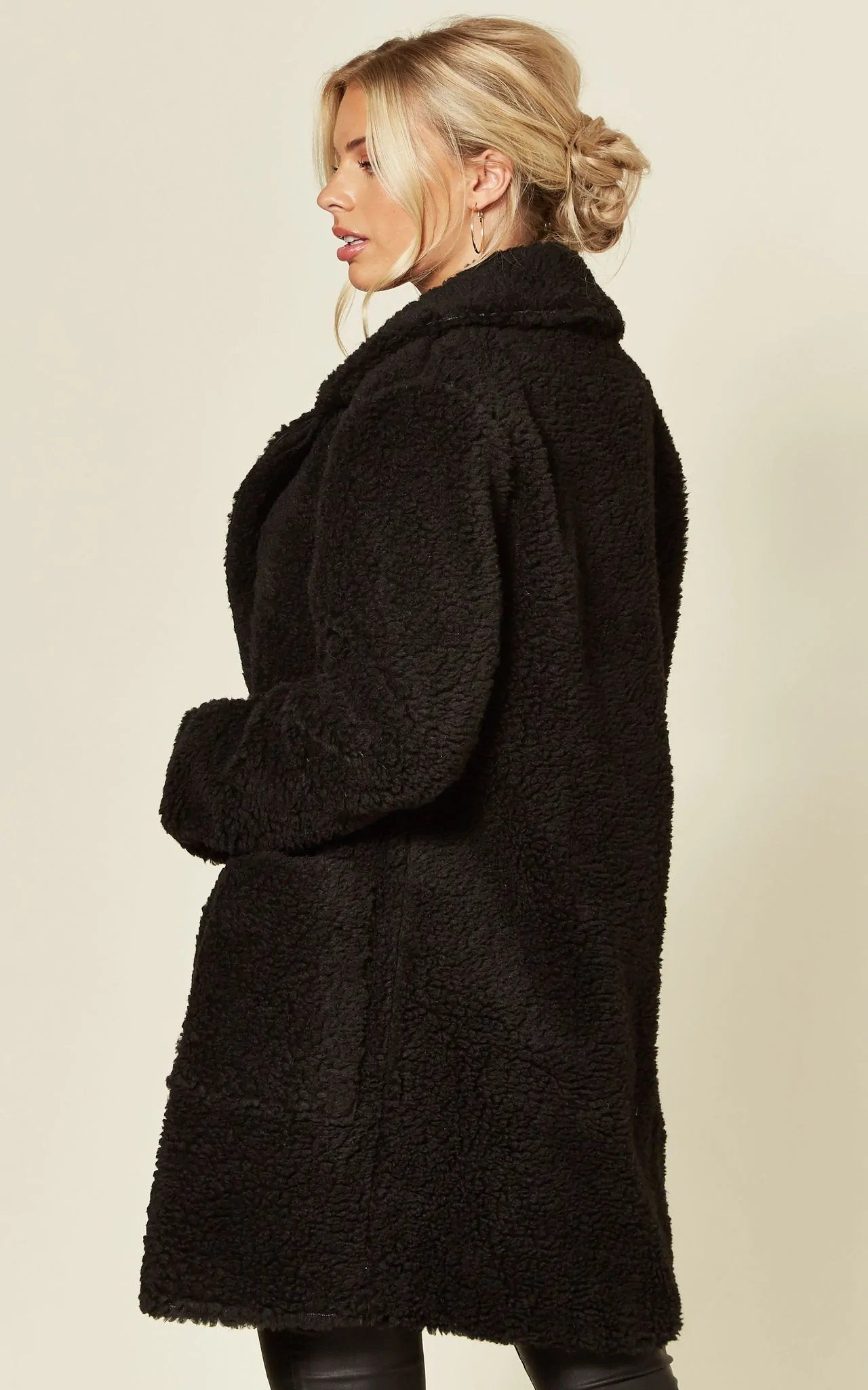 Black Rose Eleusis Borg Teddy Coat with stud button details, cozy jacket featuring a plush, textured borg fabric and stylish design.