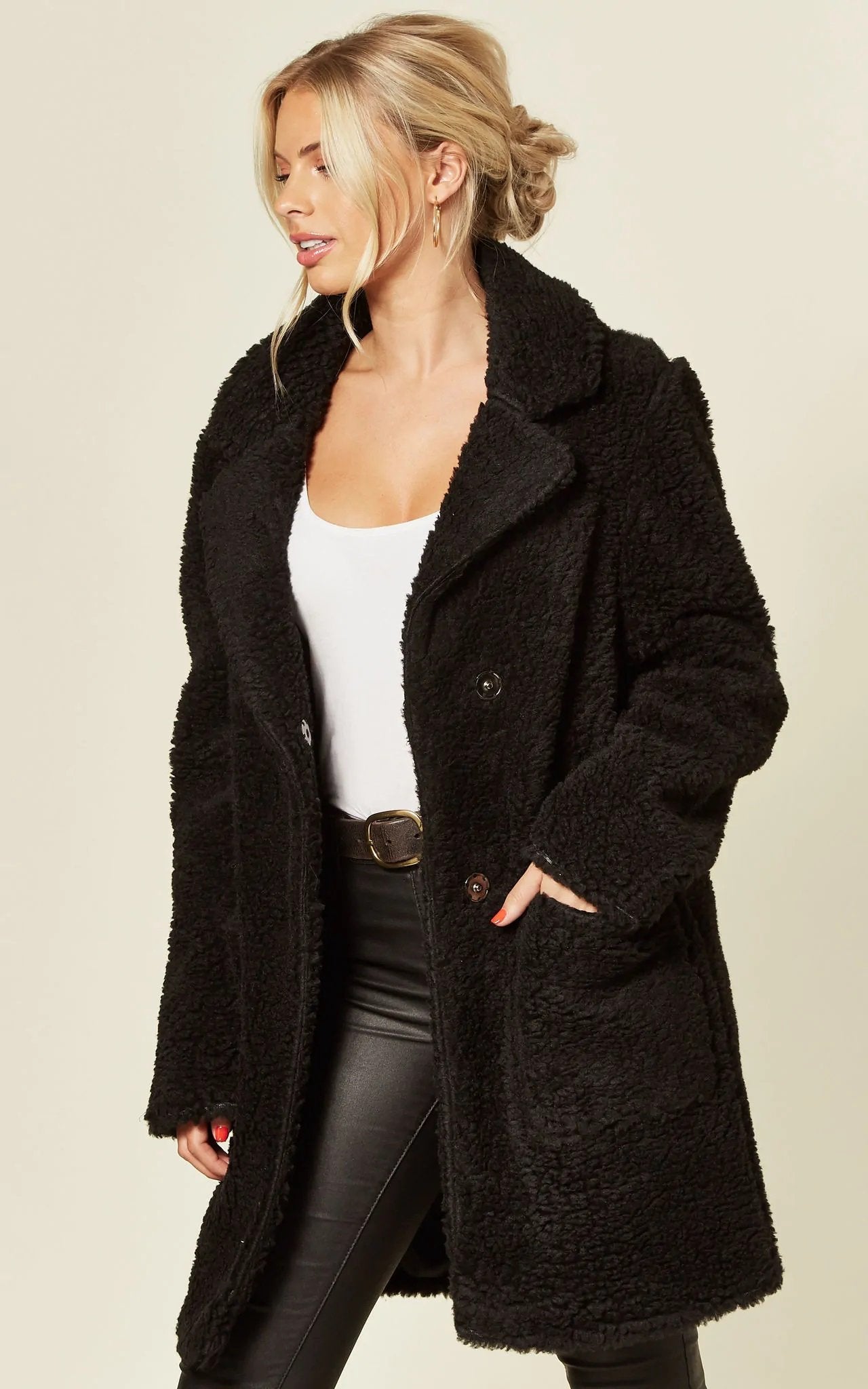 Black Rose Eleusis Stud Button Borg Teddy Coat, cozy jacket with button details and plush borg fabric, perfect for cold weather.