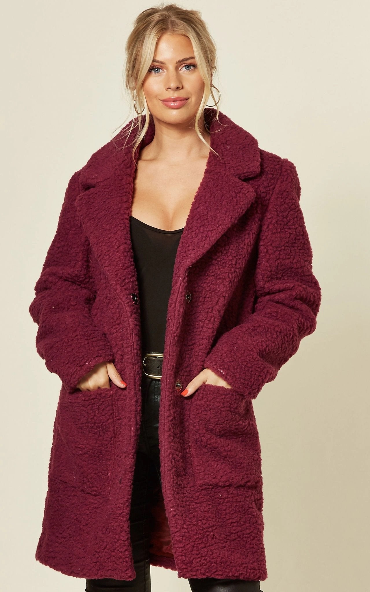 Pink Rose Eleusis Stud Button Borg Teddy Coat with fleece-lined collar and button details, stylish and cozy for winter.