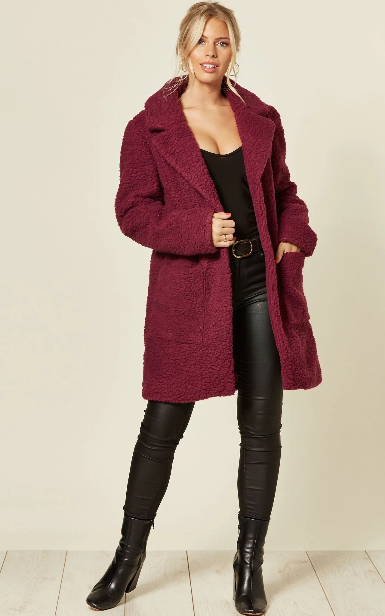 Fuchsia Rose Eleusis Borg Teddy Coat with stud button details, cozy jacket featuring soft textured fabric and fashionable design.