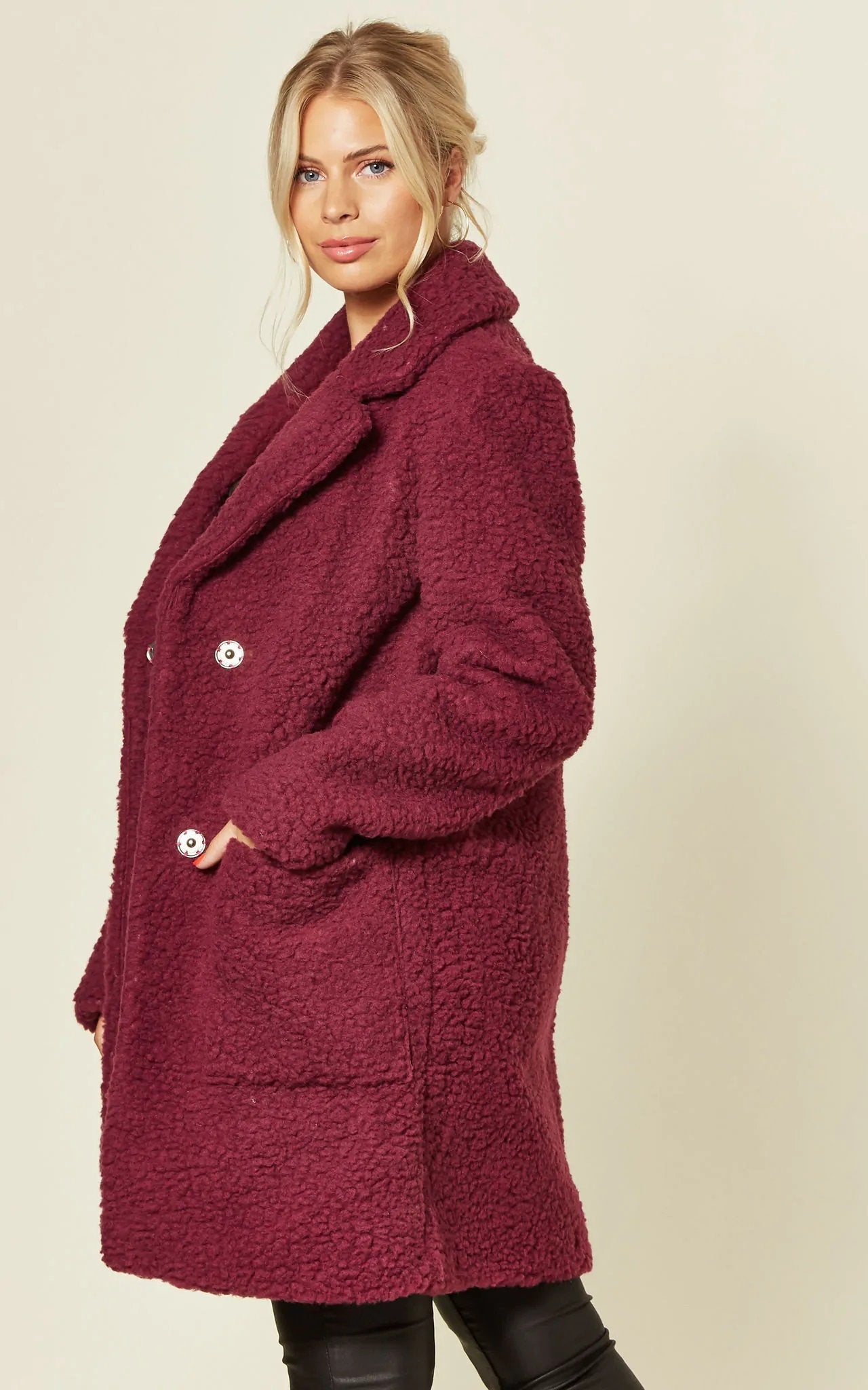 Rose Eleusis stud button borg teddy coat in fuchsia, a cozy jacket with button details and soft textured fabric.