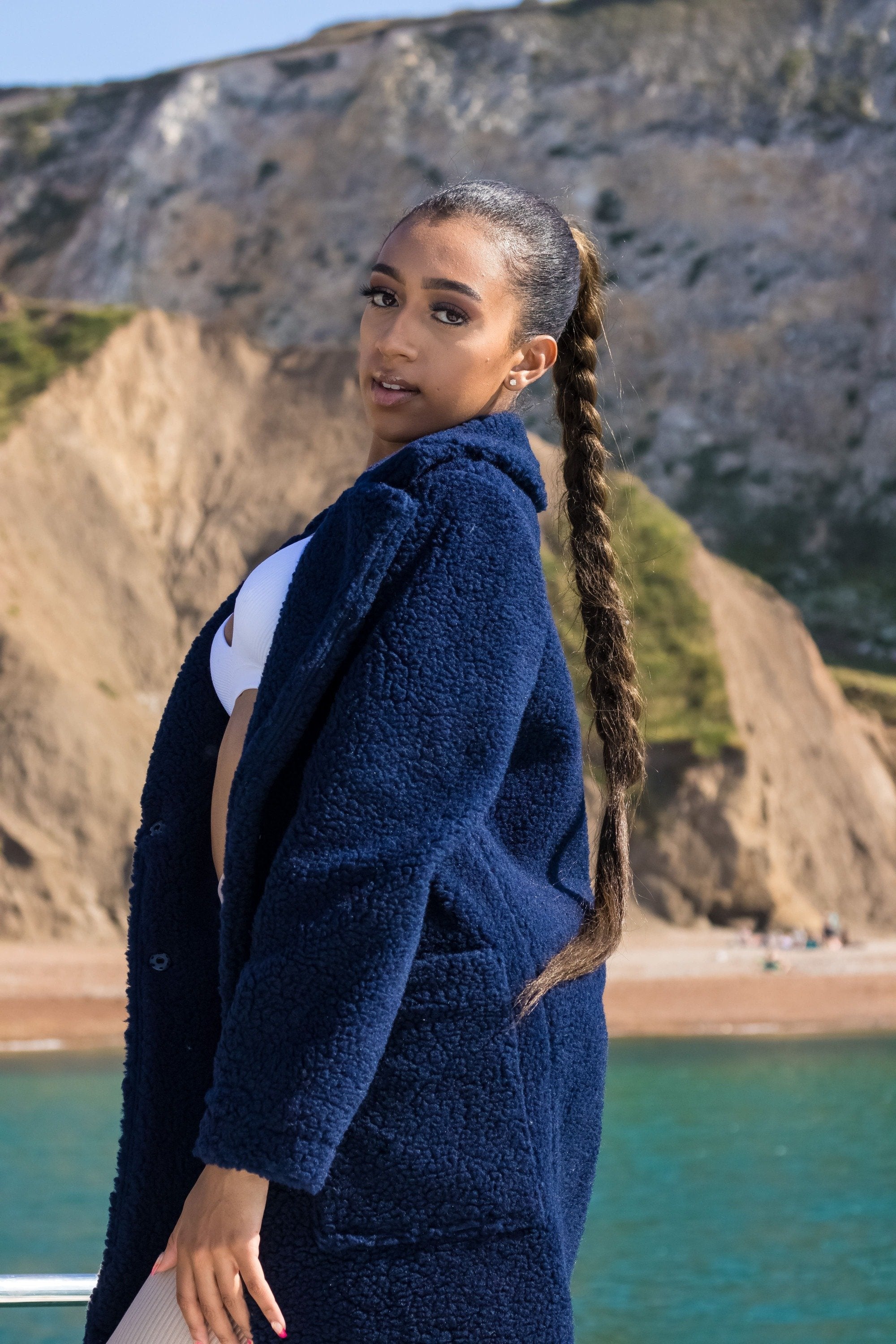 Navy Rose Eleusis Stud Button Borg Teddy Coat with plush lining and button details, stylish jackets and coats for cold weather.