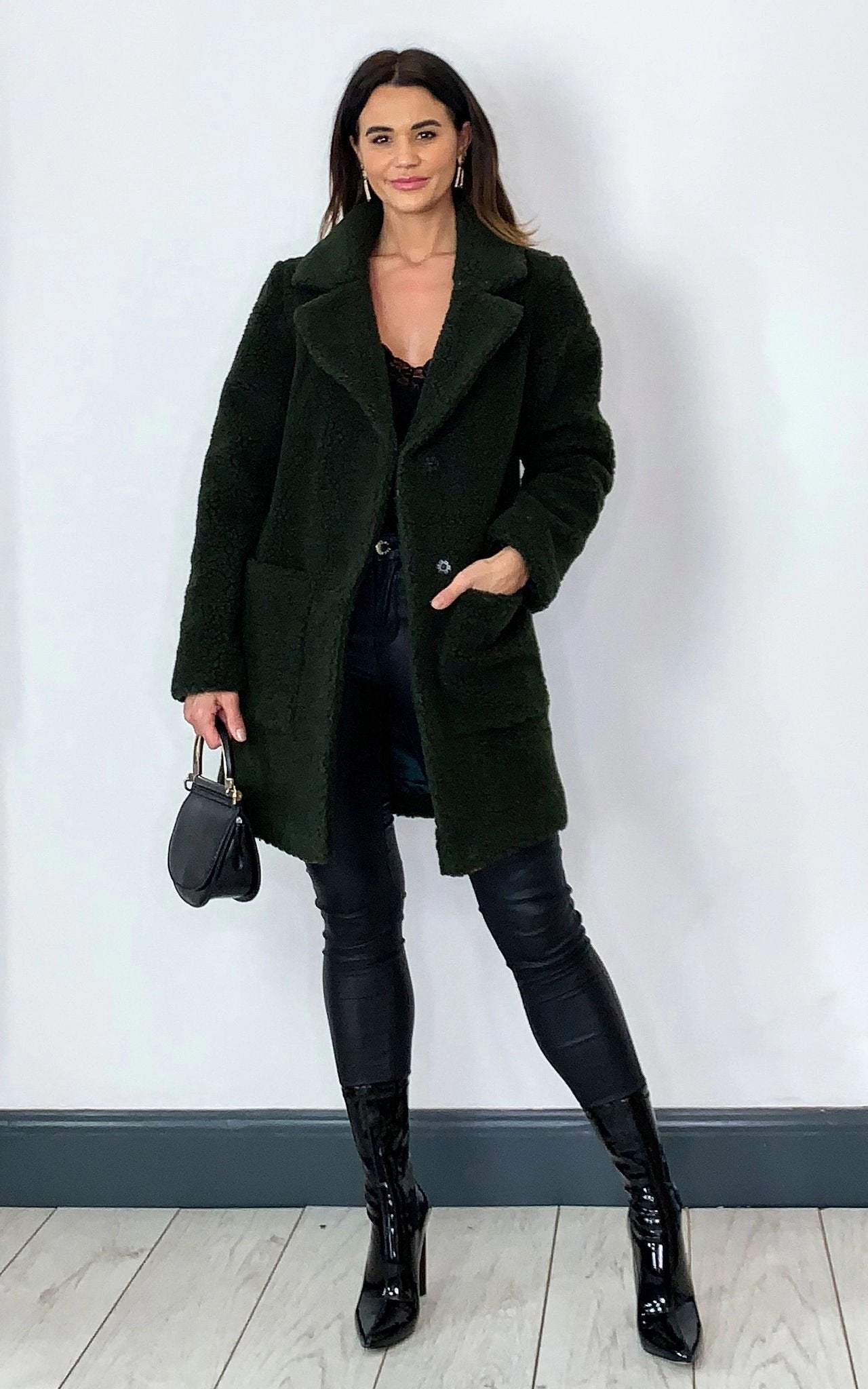 Olive green Rose Eleusis Stud Button Borg Teddy Coat with front pockets, cozy and warm, perfect for winter jackets and coats.