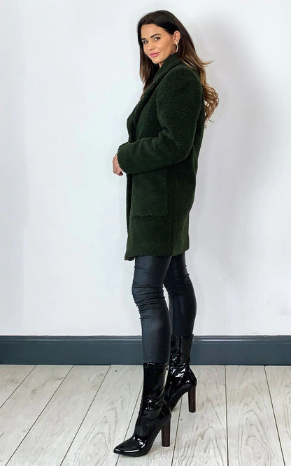 Olive green Rose Eleusis Stud Button Borg Teddy Coat, cozy jacket with button details and plush borg fabric.