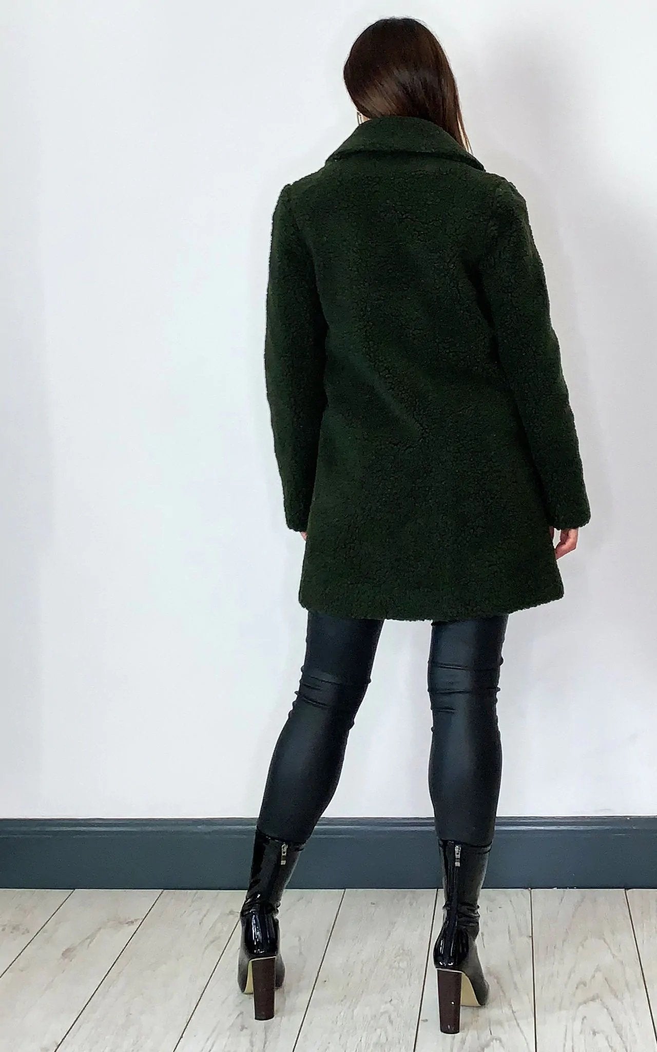 Olive green Rose Eleusis Stud Button Borg Teddy Coat, cozy jacket with button details and plush borg fabric.