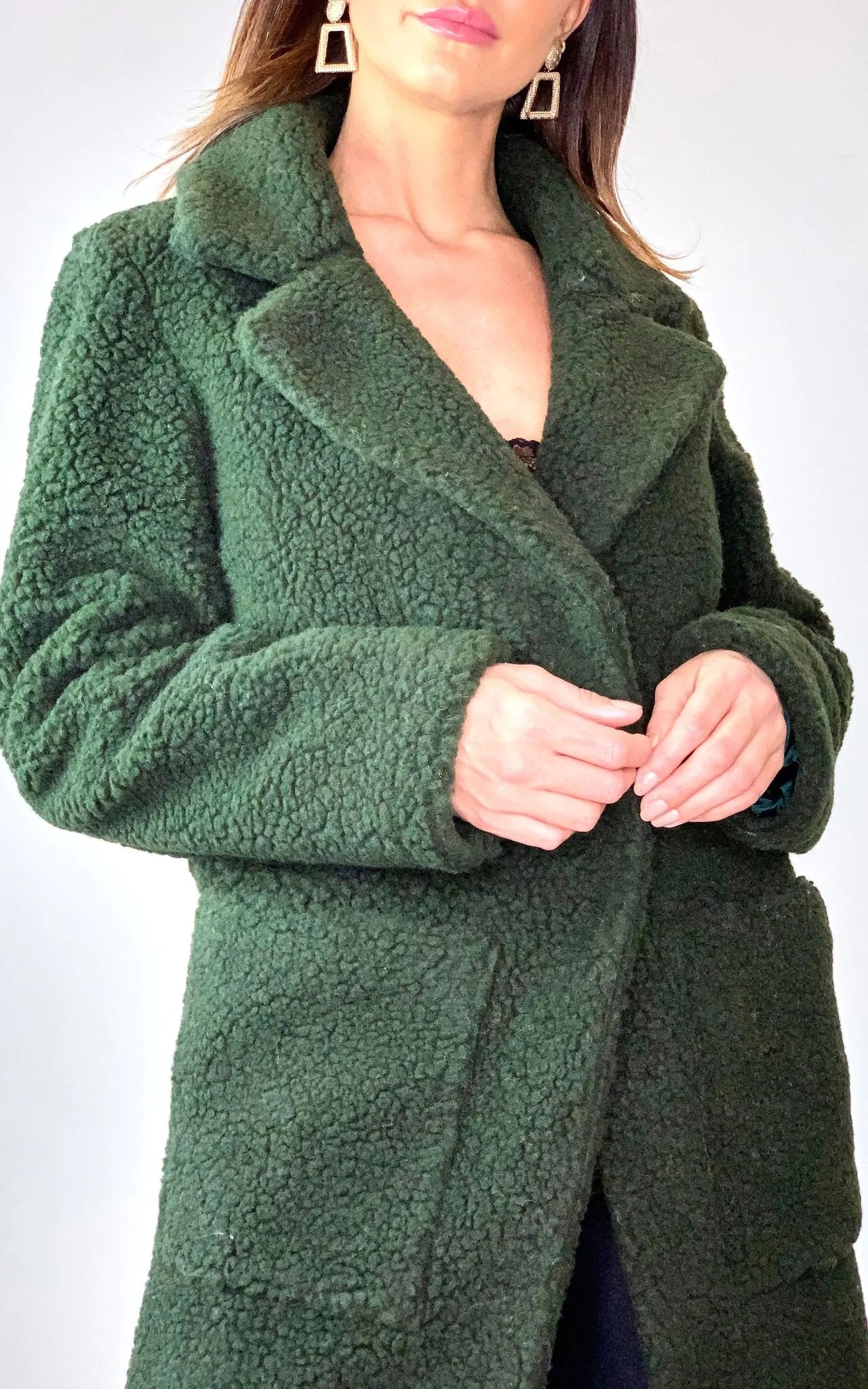 Olive green Rose Eleusis Stud Button Borg Teddy Coat, a cozy jacket with button details and plush borg fabric.