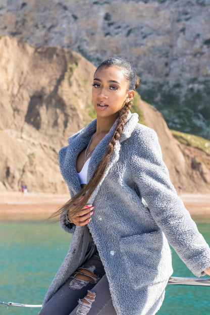 Rose Eleusis silver stud button borg teddy coat featuring plush fabric and a cozy, stylish design perfect for cold weather.
