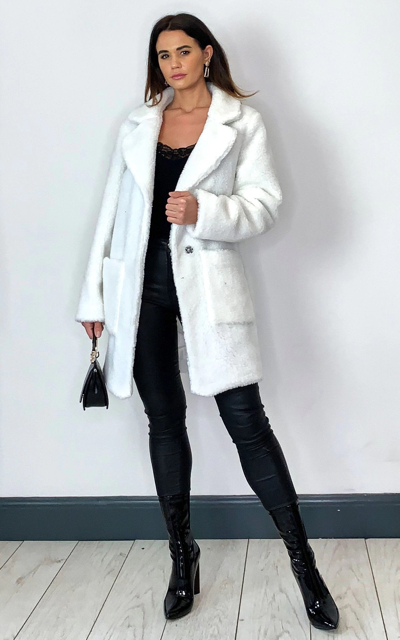 White Rose Eleusis Borg Teddy Coat with stud button details, cozy jacket featuring a soft, textured fleece design.