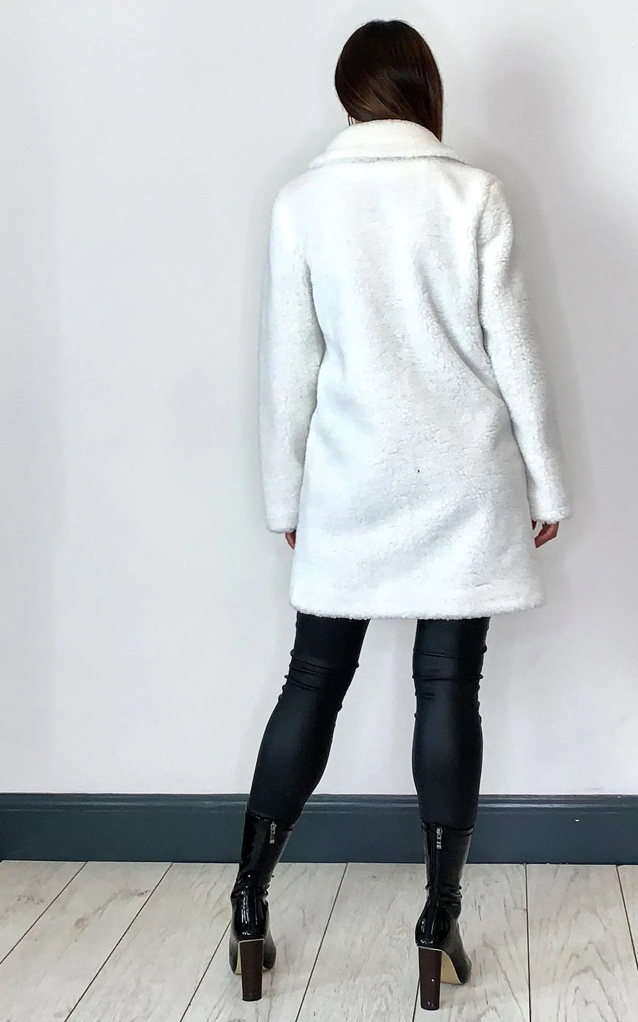 White Rose Eleusis Borg Teddy Coat with stud button details, cozy fleece-lined jacket for cold weather.