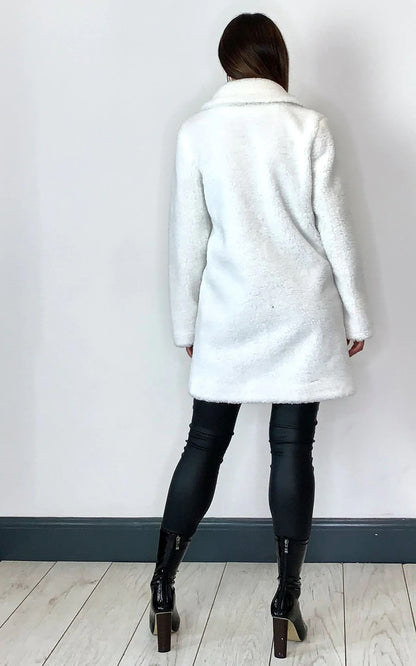 White Rose Eleusis Borg Teddy Coat with stud button details, cozy fleece-lined jacket for cold weather.