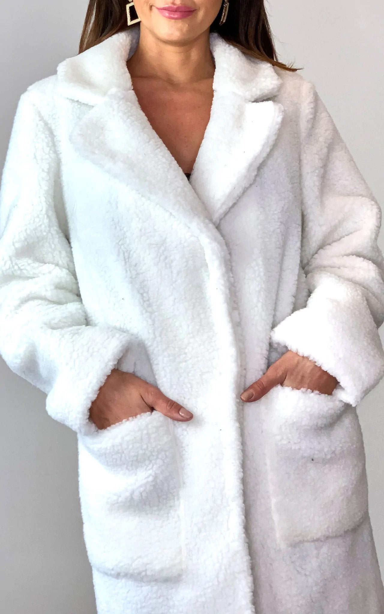 White Rose Eleusis Stud Button Borg Teddy Coat, cozy jacket with button details and plush borg fabric, perfect for cold weather.