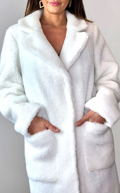 White Rose Eleusis Stud Button Borg Teddy Coat, cozy jacket with button details and plush borg fabric, perfect for cold weather.
